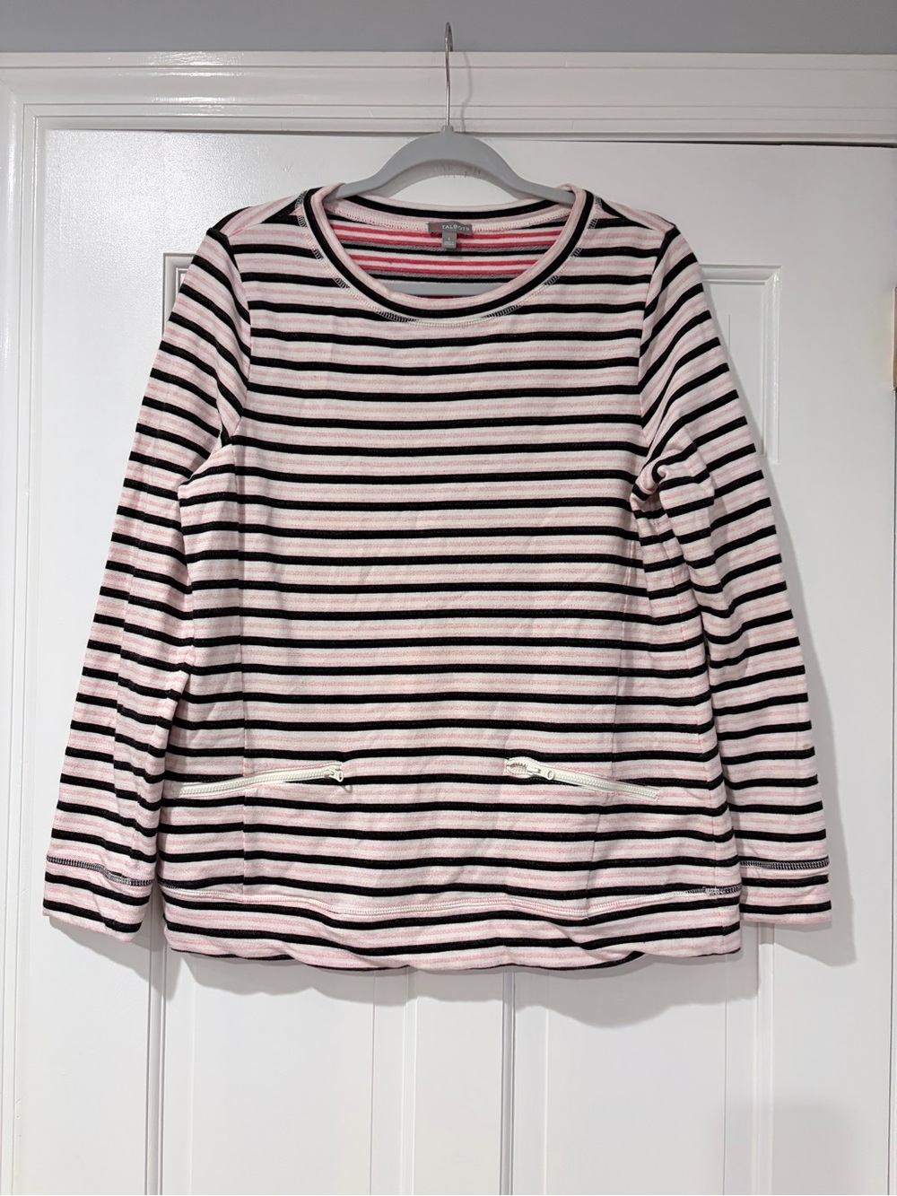Talbots Striped Long Sleeve Zip Pocket Top Pink Black White Size L
